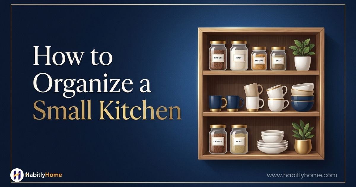 Small kitchen with organized cabinet storage and labeled containers